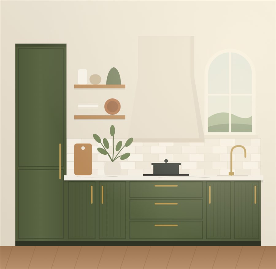 Ilustración de una cocina con frentes verde oliva, estantes de roble y tiradores de latón