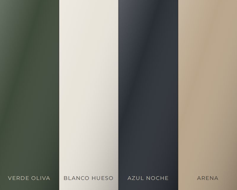 Muestras de MDF laqueado en verde oliva, blanco hueso, azul noche y arena